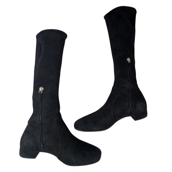 Prada Black Suede Knee High Stretch Boots Square Toe Flat Heel Women’s 37.5 - Picture 6 of 9